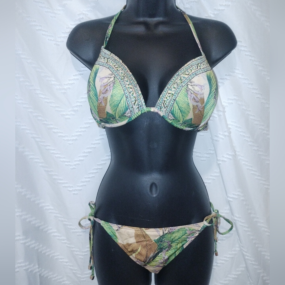 Victoria’s Secret Push-Up Bikini Set Tropical Leaf Print 36C/M Rare Y2K Swim